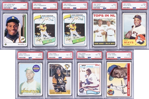 Multi -Sport PSA Graded Hall Of Famers And Rookie Card Collection(9) Including Aaron, Lemieux, & Taylor 